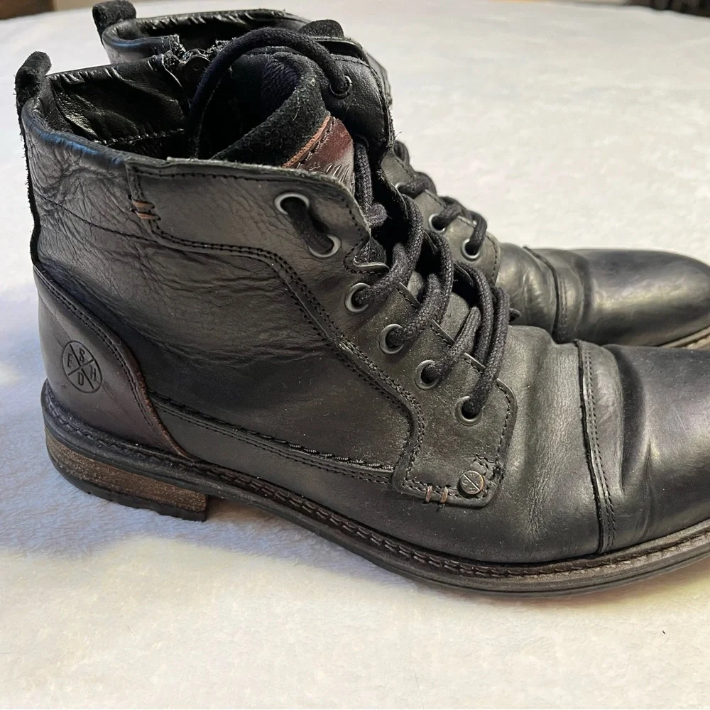 Bullboxer Black Leather Cap Toe Lace Up Ankle Boots Men’s EU 44 US 11 Side Zip
